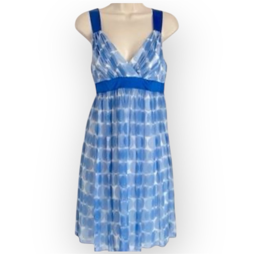 Maggy London 100% Silk Blue Ombre Dot Print Empire Waist Dress, Size 6